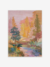 Embroidered landscape wall art depicting a serene nature scene with colorful trees, a river, and pink sky.