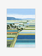Modern illustrative Landscape Wall Art depicting colorful patchwork farm fields, trees, and distant hills under a blue sky.