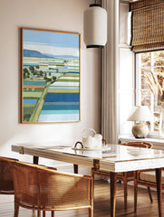 Modern illustrative Landscape Wall Art depicting colorful patchwork farm fields, trees, and distant hills under a blue sky. - Image 2