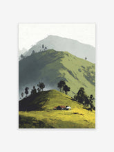 Illustrative landscape wall art of green rolling hills, scattered trees, and a small house with a red roof under a soft sky.