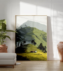 Illustrative landscape wall art of green rolling hills, scattered trees, and a small house with a red roof under a soft sky. - Image 3