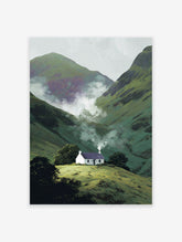 Green mountain landscape wall art with a white cottage, smoke from chimney, and mist in the valley. Nature print.