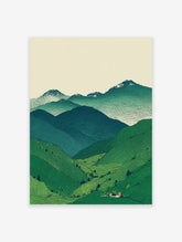 Illustrative landscape art print of green mountains, a tea plantation valley with houses, and distant snow-capped peaks.