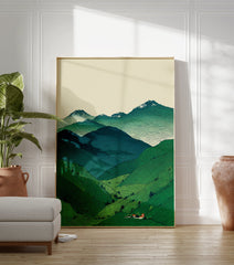 Illustrative landscape art print of green mountains, a tea plantation valley with houses, and distant snow-capped peaks. - Image 3
