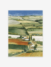 Illustrated landscape art print showing rolling green and yellow fields, white houses, cypress trees, and a distant blue sea.