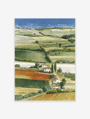 Illustrated landscape art print showing rolling green and yellow fields, white houses, cypress trees, and a distant blue sea.