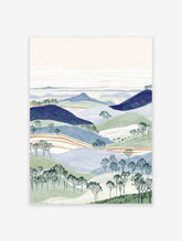 Illustrated landscape wall art with layered blue and green hills, bare trees, and a pale sky.