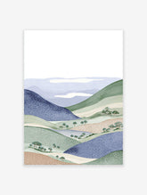 Illustrative landscape wall art print featuring blue and green rolling hills, trees, and white clouds.