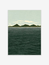 Illustrative landscape wall art print showing green mountains, a light blue sky with clouds, and a dark blue ocean with white waves.
