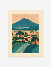 Illustrative landscape art print of a mountain, village, and fields with trees, in teal, orange, and cream colors.