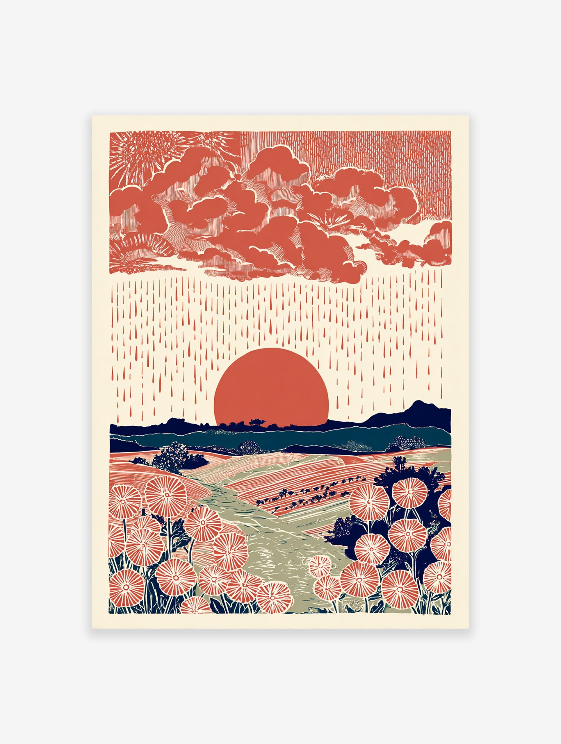 Illustrative landscape wall art with red sun, rain, clouds, mountains, and stylized red flowers in fields.