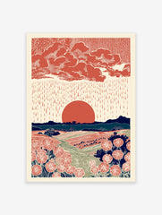 Illustrative landscape wall art with red sun, rain, clouds, mountains, and stylized red flowers in fields.
