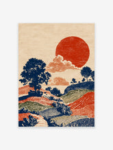 Japanese style landscape wall art print with a large red sun, dark blue trees, and colorful rolling hills in a textured folk art style.