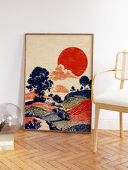 Japanese style landscape wall art print with a large red sun, dark blue trees, and colorful rolling hills in a textured folk art style. - Image 2