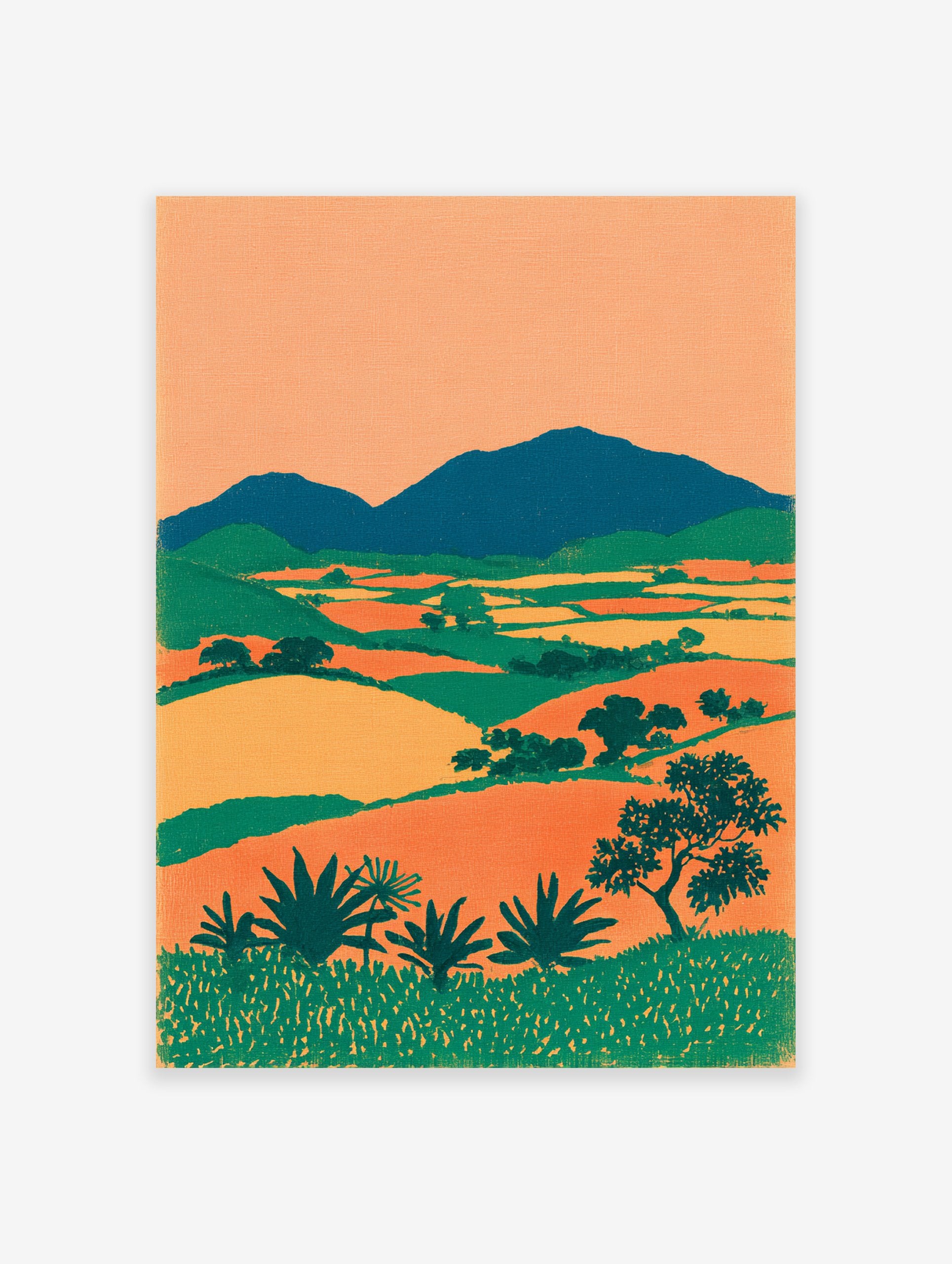 Mid-century modern landscape wall art print featuring green mountains, orange and yellow fields, and green plants.