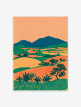 Mid-century modern landscape wall art print featuring green mountains, orange and yellow fields, and green plants.