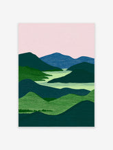 Modern landscape wall art featuring green and blue mountains, a light green river, and a pink sky with textured details.