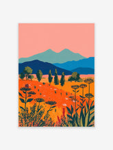 Vibrant illustrative landscape wall art with an orange wildflower field, blue mountains, pink sky, and green trees.
