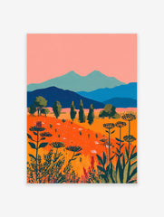 Vibrant illustrative landscape wall art with an orange wildflower field, blue mountains, pink sky, and green trees.