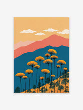 Vibrant landscape wall art painting with orange flowers, blue mountains, peach hills, and a yellow sky with white clouds.