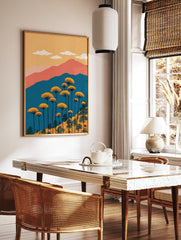 Vibrant landscape wall art painting with orange flowers, blue mountains, peach hills, and a yellow sky with white clouds. - Image 2