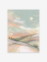 Abstract pastel landscape wall art with rolling hills, soft clouds, and a full moon, featuring green and pink tones.