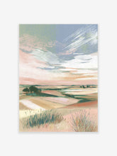 Abstract landscape wall art featuring pastel fields, green trees, and a soft blue and pink sky with visible brushstrokes.
