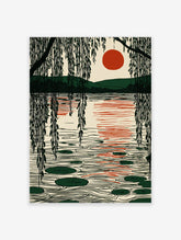 Japanese style landscape wall art with a red sun over a lake, weeping willow branches, and lily pads on the water.