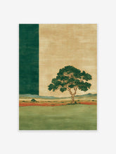 Textured landscape wall art with a solitary green tree, red field, and beige sky, alongside a dark green vertical stripe.