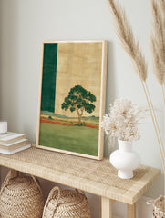 Textured landscape wall art with a solitary green tree, red field, and beige sky, alongside a dark green vertical stripe. - Image 3