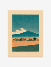 Stylized landscape art print featuring a teal mountain, village, orange and green fields under a stippled teal sky.