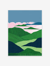 Textured landscape wall art featuring green hills, a pink lake, and blue sky with pink clouds, in an illustrative style.