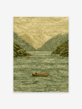 Vintage landscape wall art of a person in a rowboat on a lake surrounded by mountains and trees, illustrative style.