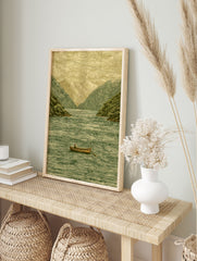 Vintage landscape wall art of a person in a rowboat on a lake surrounded by mountains and trees, illustrative style. - Image 3