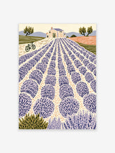 Lavender field poster with stone farmhouse, bicycle, and purple rows in a French landscape