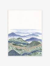Illustrative layered landscape wall art print with blue and green mountains, textured hills, and a tranquil sky.
