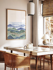 Illustrative layered landscape wall art print with blue and green mountains, textured hills, and a tranquil sky. - Image 2
