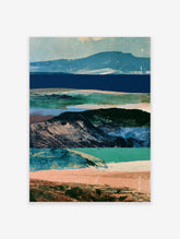 Abstract layered mountain landscape print with navy lake, teal shoreline and peach foreground