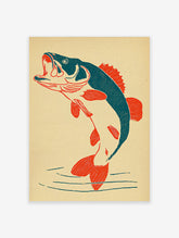 Vintage style leaping fish poster in red and dark blue on a cream background, showing the fish jumping out of water.