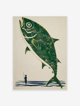 Illustrative print of a large green fish leaping from blue water, with a small fisherman holding a rod