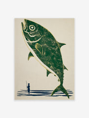 Illustrative print of a large green fish leaping from blue water, with a small fisherman holding a rod