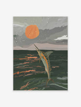 Illustrative print of a marlin leaping from dark ocean water towards a large orange sun in a grey sky