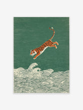 Illustrative print of an orange and black tiger leaping over white ocean waves on a textured green background