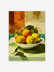 Still life painting of yellow lemons and orange in white bowl with green leaves, against a textured orange wall