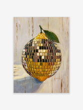 Vibrant oil painting poster of a lemon-shaped disco ball with green leaf and stem, on a textured cream background.