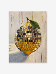 Vibrant oil painting poster of a lemon-shaped disco ball with green leaf and stem, on a textured cream background.