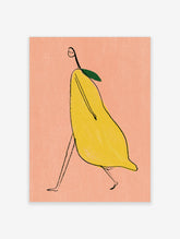 Surreal illustration of a figure with a lemon-shaped body and thin black legs on a peach background