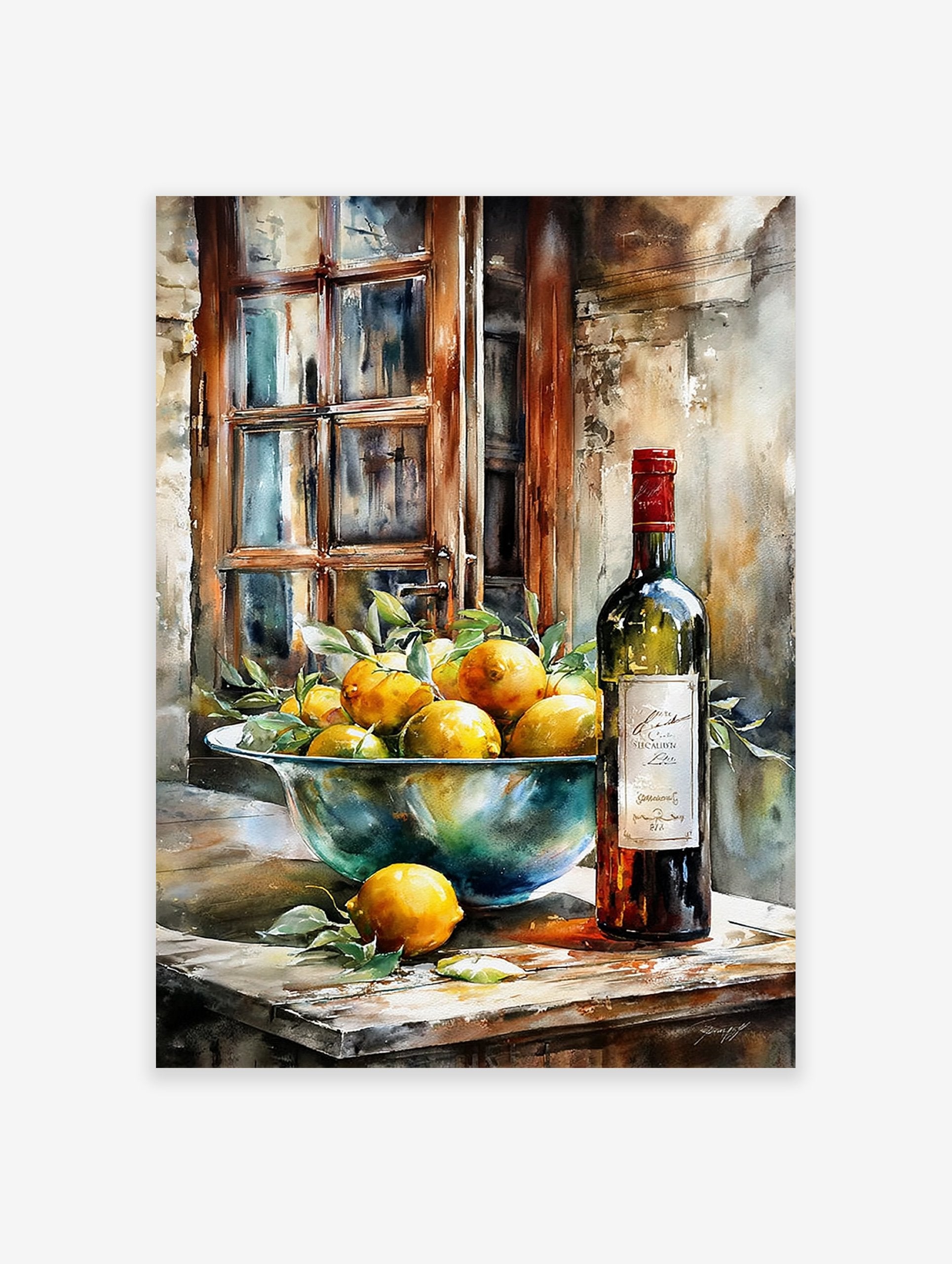Watercolor still life poster featuring a bowl of yellow lemons and a dark wine bottle on a wooden table by a rustic window.