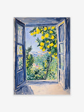 Vibrant lemon tree poster showing a view from an open blue window overlooking a lush green landscape and blue sky.