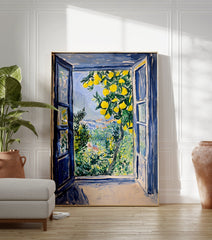 Vibrant lemon tree poster showing a view from an open blue window overlooking a lush green landscape and blue sky. - Image 3